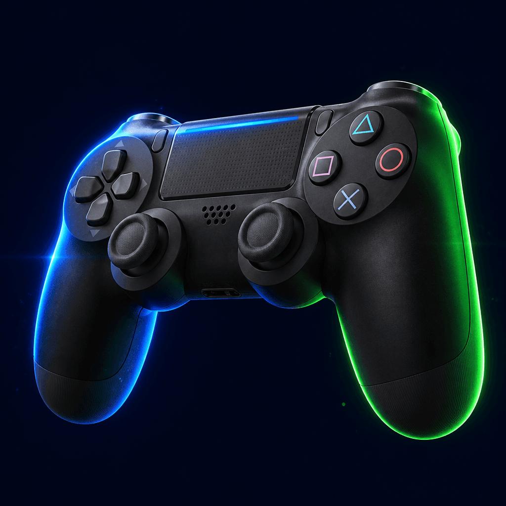 Controle de PlayStation preto flutuando, simbolizando a proposta Cheque Gamer