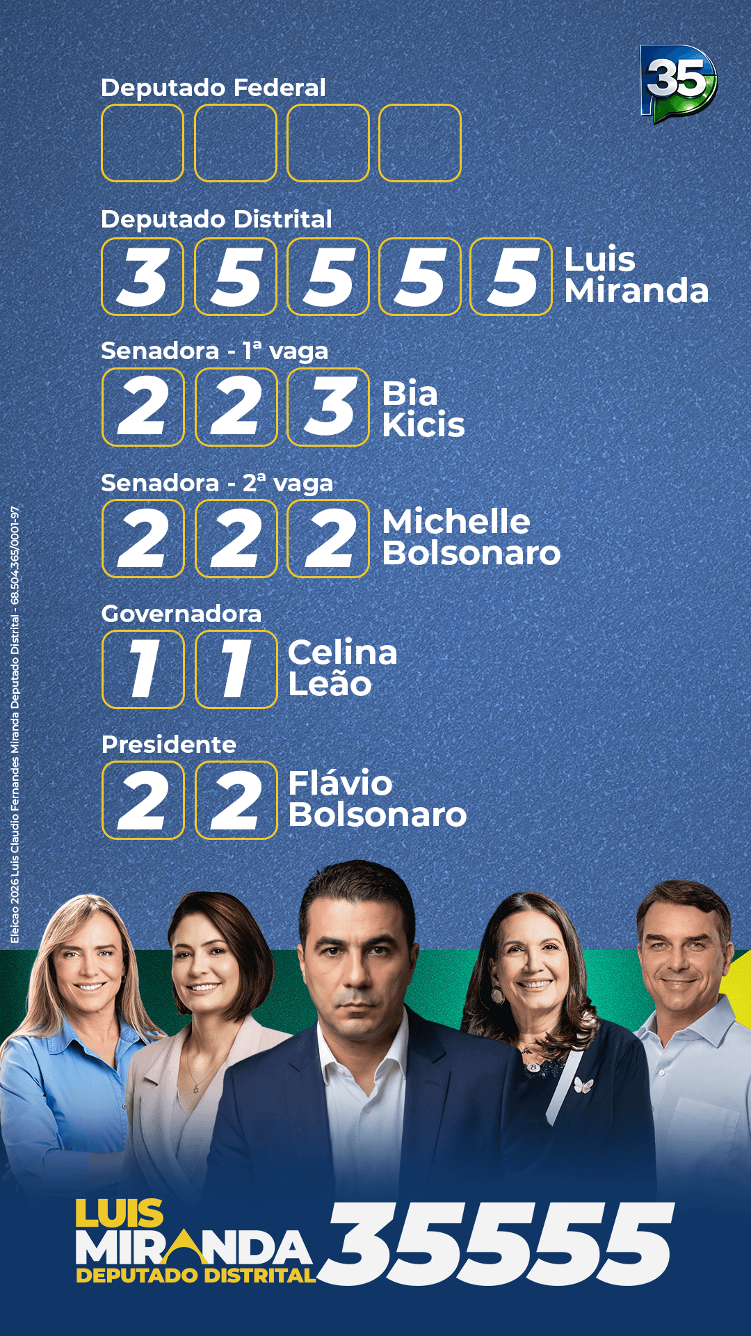 Colinha de urna Luís Miranda 35555 — Michelle 222, Bia 223, Celina 11, Flávio 22